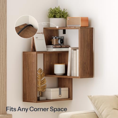 Wall-Mounted Corner Floating Shelves 4-Tier for Wall, Walnut Finish