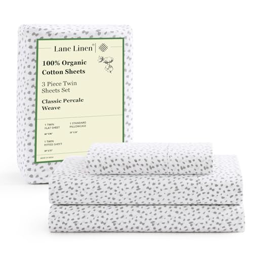 LANE LINEN Twin Size Bed Sheets, 100% Organic Cotton Sheet Set, 3Pc Sheet for Twin Bed, Cooling Bed Sheet Boys, Hotel Style Sheets & Pillowcases Set, Deep Pocket Sheets - White(Grey Dot)