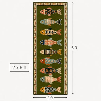 Fish Runner Rug 2x4ft - Washable Non-Slip Hallway Rug in Olive - Fish-Inspired Art