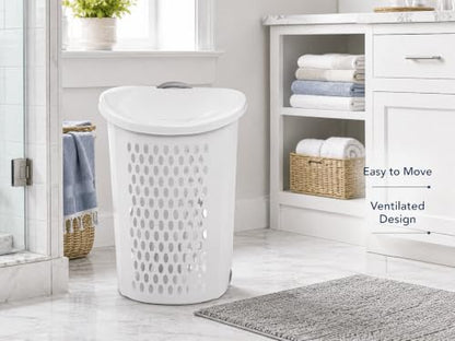 Rolling Laundry Hamper with Lid - White Plastic Wheeled Laundry Basket - Variation 1