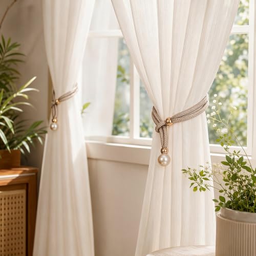 GhHome Pearl Curtain Tiebacks Set of 4 - Beige Rope Holders No Drilling