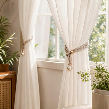 GhHome Pearl Curtain Tiebacks Set of 4 - Beige Rope Holders No Drilling