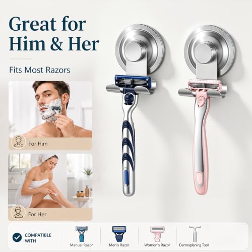 DAOYA Suction Cup Razor Holder for Shower - Polished Silver, Heavy-Duty Reusable Bathroom Organizer, 2 Pack