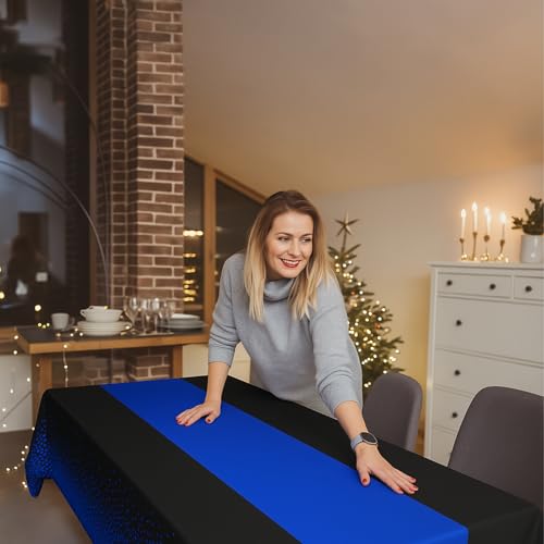 Disposable Plastic Tablecloths 54x108 Inch Black and Blue Dot Set - 16 Pack