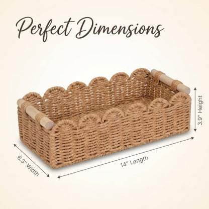 Scalloped Wicker Toilet Paper Storage Basket with Handles - Bathroom Organizer