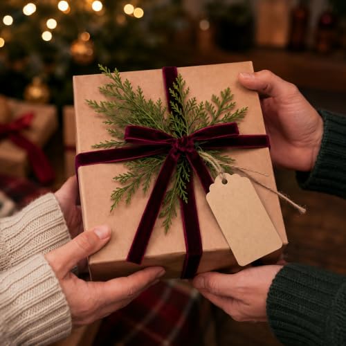 Holiday Gift Packaging Set with Pine Picks Ribbon Tags - Wine Red