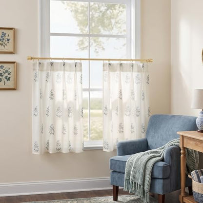 Blue Green Floral Cafe Curtains Set of 2, 24W x 24L Linen Farmhouse Tier