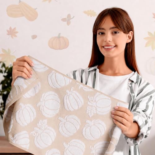 Pumpkin Fall Hand Towels 2 Pack Khaki White 100% Cotton Bathroom Decor