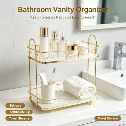 2-Tier Gold Countertop Storage Organizer with Tempered Glass Shelf for Bathroom Kitchen & Bedroom