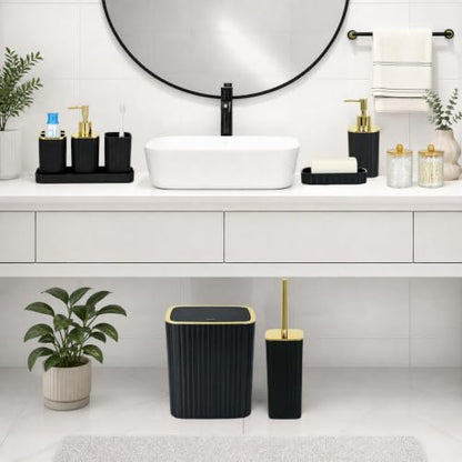 Black and Gold Bathroom Accessories Set – 10-Piece All-in-One Vanity Decor with Dispensers, Toothbrush Holder, and Storage Jars (Variation: Black & Gold / Bath Set 10 Piece)