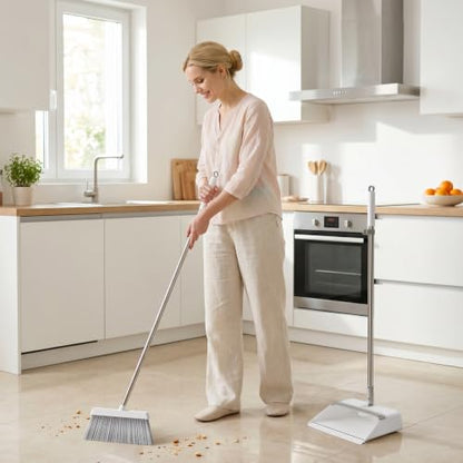 JOYMOOP White Broom and Dustpan Set with Built-in Comb Tooth - Foldable Upright Design, Angled Broom, Adjustable Extension Pole, Home & Commercial Cleaning (Variation A)