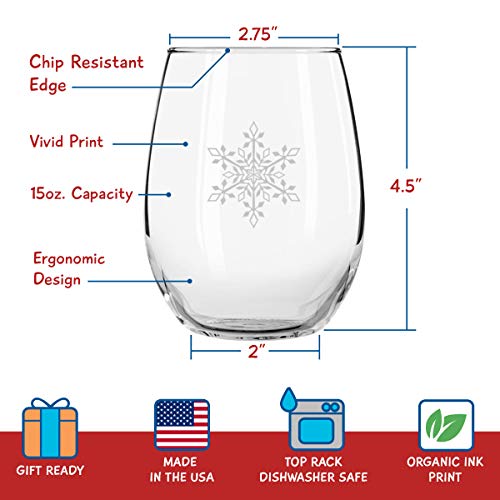 Snowflakes Christmas Stemless Wine Glass Set of 4 - 15 oz Holiday Party Cups - Elegant Gift Idea