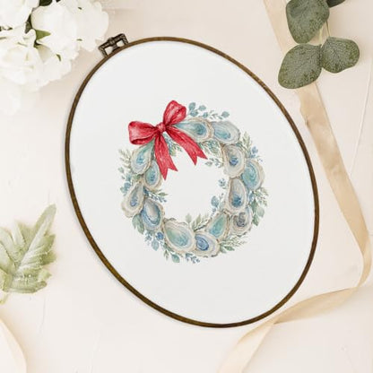 Christmas Oyster Wreath Wall Art - Oval Framed Canvas Decor, 11.3x8.7 Inches