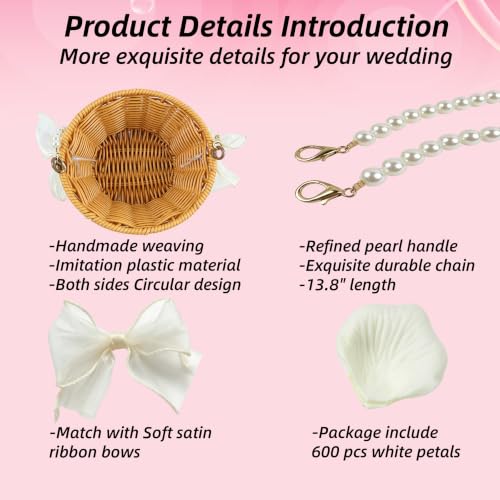 Wedding Flower Girl Basket Set with Pearl Handle & Petals, Rustic Rattan