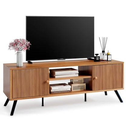 GTPLAYER Cocoa TV Stand for Living Room 55/60/65 Inch TVs Retro Brown Entertainment Center with Fluted Doors & Adjustable Shelves