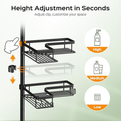 HAMITOR Shower Caddy - 4-Tier Rustproof Bathroom Organizer with Soap Holder & Hooks | Adjustable No-Drill Design - 47-123 Inch Black