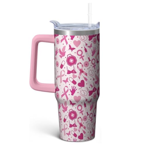 Cancer2 30oz Breast Cancer Awareness Stainless Steel Tumbler with Handle & Straw - Pink Ribbon Mug for Women & Survivors