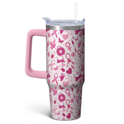 Cancer2 30oz Breast Cancer Awareness Stainless Steel Tumbler with Handle & Straw - Pink Ribbon Mug for Women & Survivors