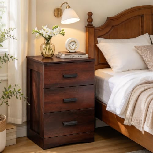 WLIVE Espresso 3-Drawer Nightstand with Large Top - Wood Bedside Table