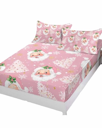 Christmas Santa Claus Xmas Tree Fitted Bed Sheet King Pink Variation