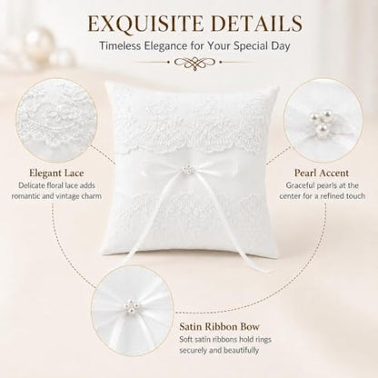 Wedding Ring Bearer Pillow with Lace Ribbons and Bow, 7.8 x 7.8 Inch
