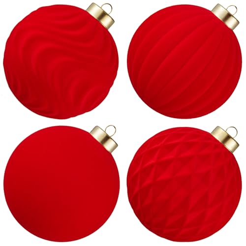 Red Velvet Christmas Ornaments Set of 4 - 4 Inch Flocked Shatterproof Holiday Decor