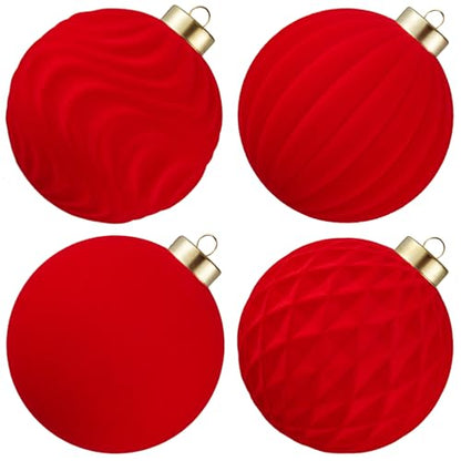Red Velvet Christmas Ornaments Set of 4 - 4 Inch Flocked Shatterproof Holiday Decor