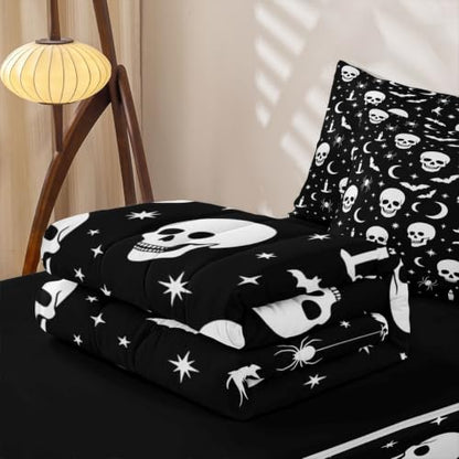 Halloween Gothic Skull Zipper Bedding Set for Kids Full Size Ghost White Variation