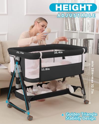 Black 3-in-1 Baby Bassinet Bedside Sleeper with Mesh Mosquito Net & Wheels