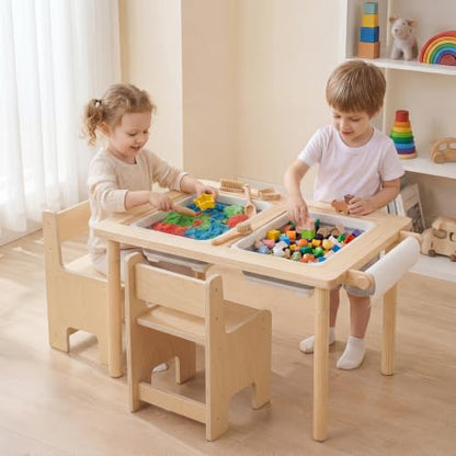 HONEY JOY 3-Piece Sensory Table and Chair Set for Kids with Adjustable Height, Dual Sided Top, Bins & Art Accessories