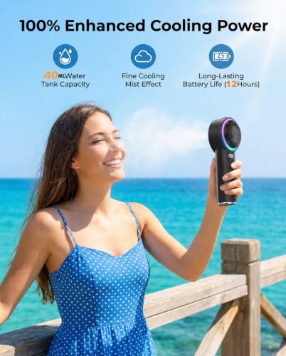 Portable Handheld Fan with Mist - Black, 1-199 Speed, Ice Cooling