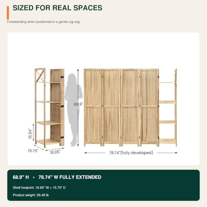 Pegboard Room Divider with Side Shelves - 4-Panel Display, Natural