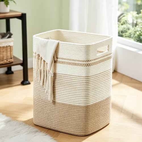 Yellow Variegated 60L Rectangular Cotton Rope Laundry Hamper Foldable Storage Basket