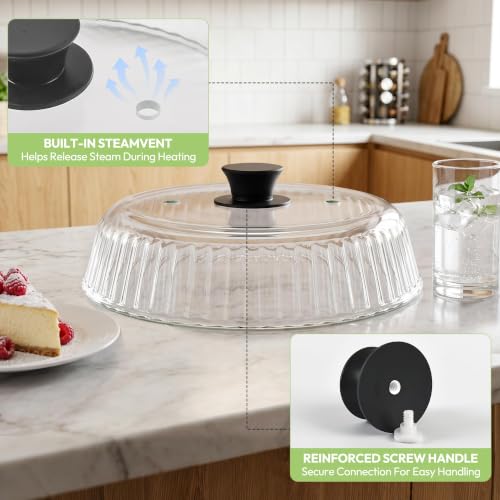 Black Glass Microwave Cover 10 Inch Splatter Guard with Silicone Mat & Vent Holes