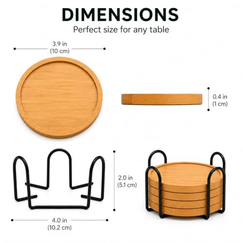 Bamboo Coaster Set with Holder - Natural Water-Resistant Drink Coasters for Home & Office