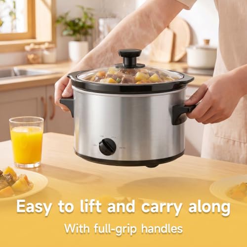 Small Slow Cooker 1.5 Qt for 1-2 People - Silver, Adjustable Heat