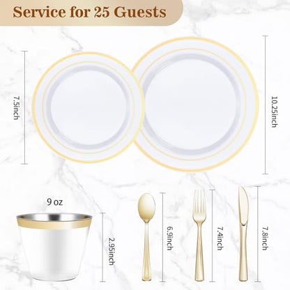 Disposable Plastic Dinnerware Set for 25 Guests - Gold Dinner Plates & Cutlery