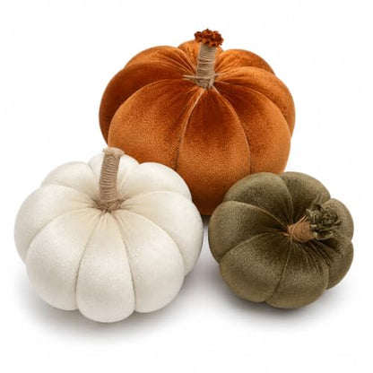 Velvet Pumpkin Set of 3 - Handmade Fall Decor for Home, Rustic Thanksgiving Centerpiece, Autumn Harvest Mantel Shelf Decorations, Orange Ivory Sage Green