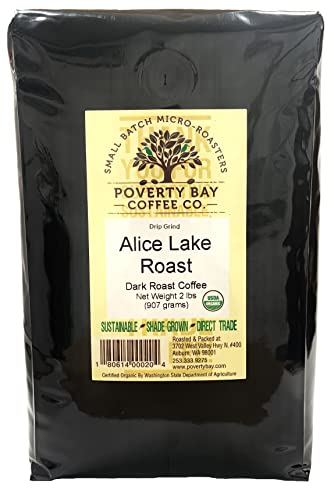 Dark Roast Ground Coffee Beans - Ground Coffee - Alice Lake Organic Coffee Beans, Freshly Roasted by Poverty Bay Coffee Company, 2lb Bag of Dark Coffee