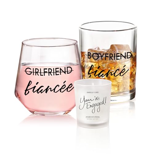 Engagement Gift Set for Couples - 10 oz Whiskey & 12 oz Wine Glasses - Fiancé and Fiancée Variation