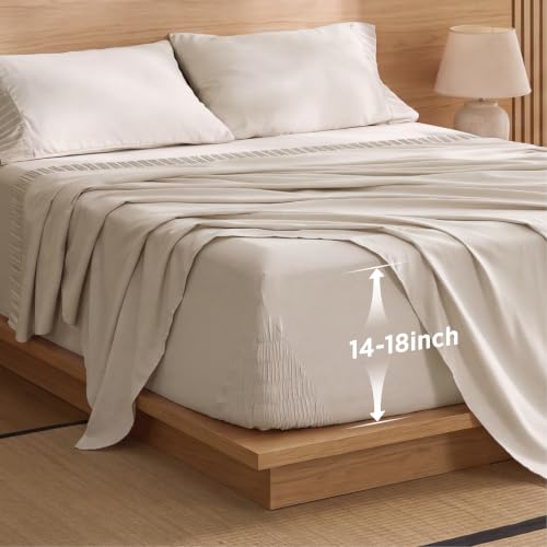 Bedsure Beige Queen Deep Pocket Bed Sheets for 18-Inch Mattresses - Stay Put Fit