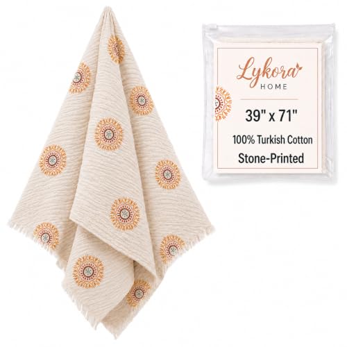 Aegean Halo Hand-Printed Turkish Cotton Beach Towel 39x71 - Natural Turkish Cotton Muslin