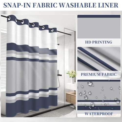 Navy Striped No Hook Geometric Shower Curtain 71x74 Inch with Liner
