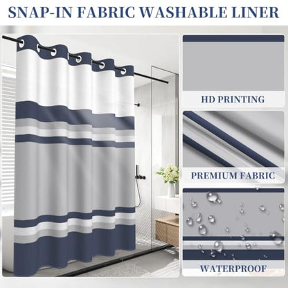 Navy Striped No Hook Geometric Shower Curtain 71x74 Inch with Liner