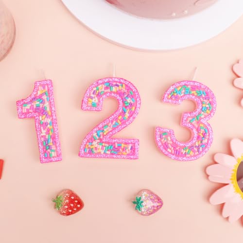 Rainbow Sprinkles Number 3 Candle for 3rd Birthday Decorations - Hot Pink