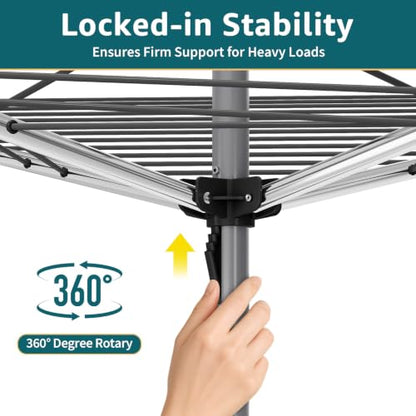 Outdoor Clothes Drying Rack 131ft Umbrella Style with 360° Rotatable Top Gray