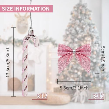 Pink Glitter Candy Cane Christmas Decorations - 12 Pcs Holiday Tree Ornaments