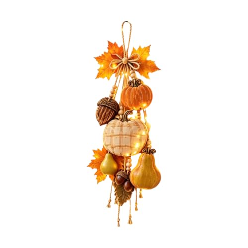 Rustic Wooden Pumpkin Door Hanging Swag with Warm LED Lights - Orange - Fall Decor