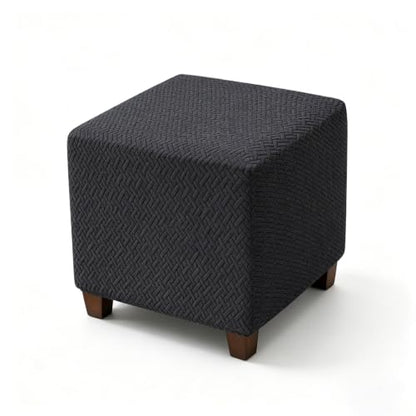 Elastic Stretch Jacquard Ottoman Cover Black - Anti Slip, Washable, Adjustable Square Storage Footstool Slipcover for 13-18 Inch Cube Ottomans