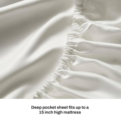 DKNY Ivory White King Satin Sheet Set - Matte Finish, Soft & Silky Bedding